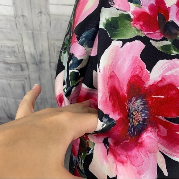 Adrianna Papell Pink Black Illusion Floral Mikado Gown Dress Formal Full Length - Picture 10 of 16